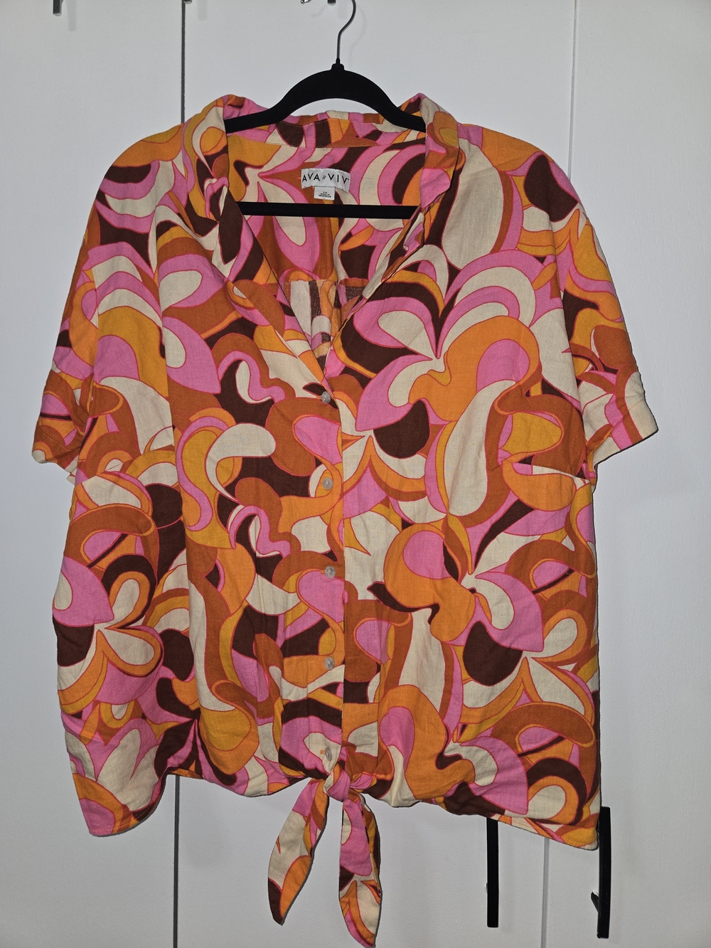 Ava & Viv Pink Orange Brown Swirl Tie-Front Button Shirt/Short Set